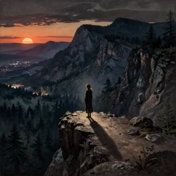 A lonely woman looks down from a huge cliff, mountains, gorgeous view, velly distant forest, distant city, distant glow, night, sunset, dramatic light, Chiaroscuro, long shadows, dark, masterpiece, high detail, detailed, illustration by Paul Gustave Doré