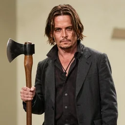Johnny Depp as Jack Torrance in Shining, holding axe,