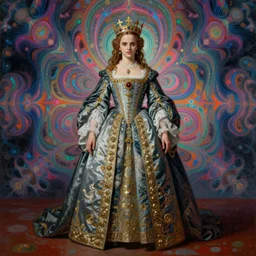 beautiful oil painting, full length portrait of Emma Watson in baroque coronation robes 1701, Dan Mumford, Dan Mumford, Alex grey, highly detailed , lsd visuals, dmt fractal patterns, hallucinogen, visionary art, psychedelic art, ornate, vaporwave, baroque, Greg rutkowski