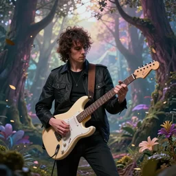 john frusciante playing epic solo on his stratocaster in a magic forest, trees, mountains, flying leaves, dramatic lighting, pastel colors, high detailed, cinematic, by ruan jia