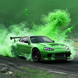 sports car drifting green smoke splash art graphic design color splash high contrasting art, fantasy, highly detailed, art by greg rutkowski