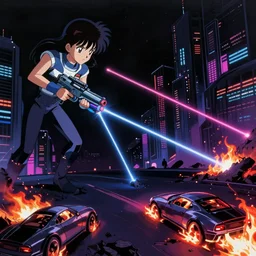 80s anime, dark neon city. laser gun battle on open space. futuristic cars lay in flames, destroyed robot dogs remains, beautiful girl in spandex suit holding large futuristic plasma rifle, highly detailed, trending on artstation