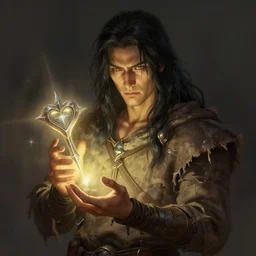 portrait of a man with long black hair in brown rags holding a glowing device, fantasy, d & d, heartstone, digital painting, volumetric light, intricate, sharp, focus, bloom, illustration, highly detailed, concept art, matte, ruan jia, randy vargas, greg rutkowski