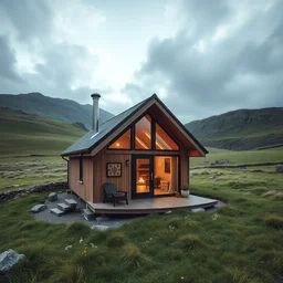 ultra wide angle photograph of cozy hygge tiny architecturally modern cabin in idyllic green scottish countryside