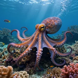a beautiful, noble, giant octopus of exquisite color : 1, underwater scenery, beautiful colorful corals, african cichlids and other species of small tropical sea - life, god - rays, volumetric lighting, 8 k, digital art