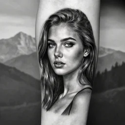 a beautiful girl portrait, faded mountain background, realism tattoo, in the style of den yakovlev, black and white, hyper realistic, highly detailed