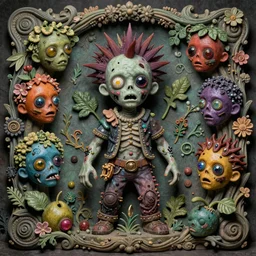 zombie, punk, young male, grotesque, grotto, multicolored faces, fruit and flowers, gemstones for eyes, botanical, vanitas, sculptural, cartoon style, baroque, rococo, intricate detail, spiral, ornamental, kaleidoscope, soft, atmospheric
