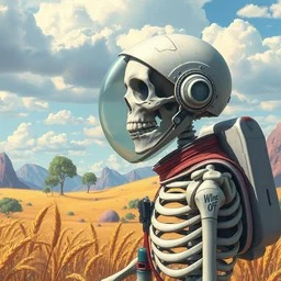 a skeleton astronaut with his helmet off by kren cushart on a colorful alien wheat world with lime trees clouds landscape