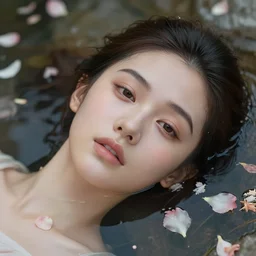 epic portrait of a girls face laying in water, surrounded by loose petals, beautiful, high detail, unreal engine, realistic