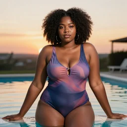 a plump afro girl on the edge of the pool in a galographic swimsuit, a swimsuit with a lock on the chest, afro pigtails hairstyle, sunset mood, vogue style, composition, perfect composition, medium close - up ( mcu ), cannon ef 6 5 mm f / 2. 8 8 k