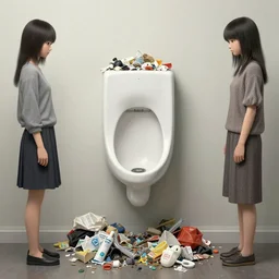 full view, from a distance, of anthropomorphic urinal who is marcel duchamp, full of trash, style of yoshii chie and hikari shimoda and martine johanna, highly detailed