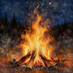campfire at midnight , alcohol ink painting , flames with gold filigree, very beautiful masterpiece, stunning, gorgeous