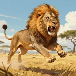 close - up digital illustration of rampaging ferocious maned lions pouncing mid - jump in a sunny hot savannah landscape, trending on artstation, digital art ( by brad rigney ) ( by greg rutkowski ) ( by artur treffner )