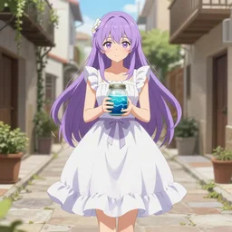 full body mature anime waifu woman with lavender hair white ruffly dress, holding jarred ocean. spanish ghibli alleyway. symmetrical face. symmetrical detailed defined eyes. isekai background style.