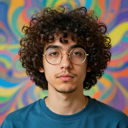 a curly - haired persian guy wearing round golden glasses by alex grey, psychedelic