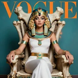 bust portrait of girl sitting on bones throne, egiptian goddes costume, blonde, curly hair, clean face, provocative make up, symmetrical face, looking straight, smooth skin, jewelry,, ecstasy, cute, fashion editorial photography, from vogue magazine, ultra realistic, reflections, teal and orange