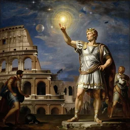 a roman emperor using magic to create a void leading to the universe on the sky of roma, chiaroscuro, great compositions, perfect painting rules, beautiful lighting, insanely detailed