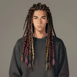 portrait of an aesthetic guy with long colorful dreads, muted colors, dull colors, anime, detailed anime, hyper detailed anime, realistic anime, hyper realistic anime, cel shading, toon shading, straight on, hd, 4 k, 2 point studio lighting, detailed, highly detailed, concept art, full body character concept art,