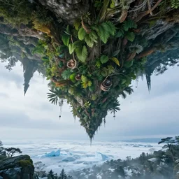 there is a jungle hanging upside - down from the cavern ceiling, intermingling with the frozen tundra that rises up from below
