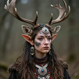 tiefling druid with deer antlers growing out of their head and large tribal jewelry and face paint