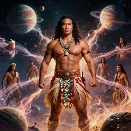 duke kahanamoku as a hawaiian warrior surrounded by intergalactic planets connected by streams of magical flow, sigma male, gigachad, visually stunning, luxurious, by james jean, jakub rebelka, tran nguyen, peter mohrbacher, yoann lossel, wadim kashin