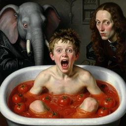 a boy like eraserhead and elephant man sitting in a tub full of tomato sauce, looking straight into camera, screaming in desperation, zoomed out, master shot, by giuseppe arcimboldo and ambrosius benson, renaissance, fruit, intricate and intense oil paint, a touch of beksinski and hr giger and edward munch, realistic