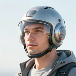 a man wearing a solarpunk helmet and faceplate, bright, futuristic, octane render