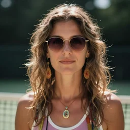 out of focus photorealistic portrait of a beautiful hippie woman by saul leiter, very blurry, shaded sunglasses, tennis apparel