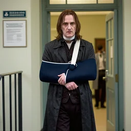 voldemort with his arm in a sling, walking out from doctors office