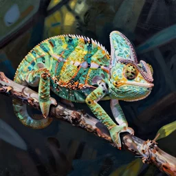 a chameleon on a branch, art by jackson pollock,