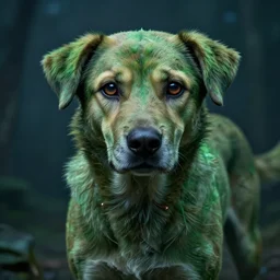 homeless abandoned stray dog with very sad smart eyes, in the style of shane miller, solarpunk, exact anatomy, atmospheric, clean, intricate and epic composition, green by caravaggio, insanely quality, highly detailed, masterpiece, blue light, artstation, 4 k