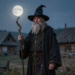 portait of a 1 9 th century hungarian wizard in a hungarian village. atmoshperical, full moon,, magical, natural lighting, dust, soft focus, fantasy concept art by munkacsi, csok istvan, barabas miklos and hollosy simon, trendgin in artstation