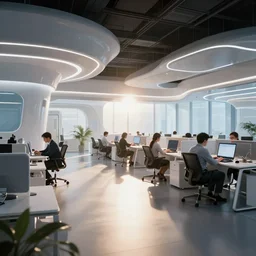 a long shot, color studio photographic of a well disigned futuristic lookong office space with several busy staff working on their laptops, dramatic backlighting, photo from business insider 2 0 2 2, ultra realistic