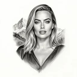 mash up tattoo sketch of margot robbie with beautiful mountain scenery, in the style of arlo dicristina, hyper realism, amazing detail, sharp