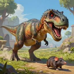 t - rex chasing a small rat in team fortress 2 style, detailed painting, by jakub rozalski