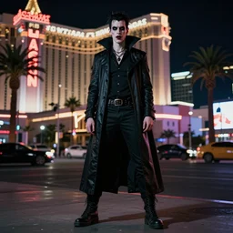 full body portrait of a punk vampire on the las vegas strip at night, cinematic, hyper realism, high detail, octane render, 8k, cgsociety,urban horror,concept art