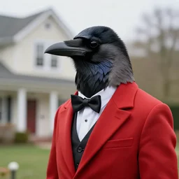 a Hooded Crow wearing a red formal overcoat, hyperrealistic, concept art, octane render, unreal engine 5, trending on DeviantArt, highly detailed, high quality, 8K, soft lighting, cute, natural lighting, realistic face, trending on Artstation, elegant clothes, profile picture, path traced, house background