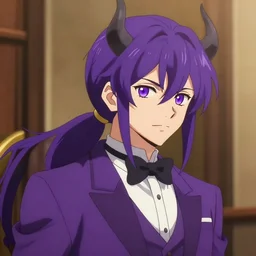 beautiful anime ( ( ( ( shion ) ) ) ) with purple hair, ( ( horn ) ) ( ( ( ponytail ) ) ) ( purple eyes ), a purple tuxedo, sharp focus, intricate, cell shaded, award winning photography, cinematic, digital painting, cinematic, wlop, 8 k, by ross tran, tom bagshaw