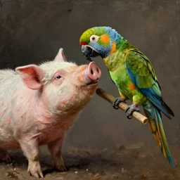 a parrot kissing a pig, oil painting, 1 9 th century