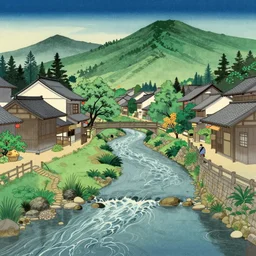 a river running through a medieval village, summer, beautiful colors, japanese traditional art, award winning