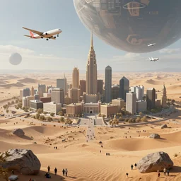 photo of a Russian city on a desert planet, aircraft, lots of people, extreme details, soft lighting, realistic octane render, 8k