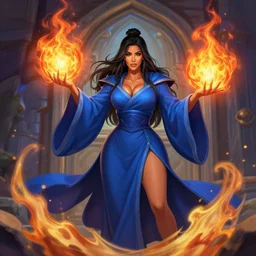 Who : a mage with a blue robe casting a fire ball; Body : Kim Kardashian body ; Head : Albert Heard face and hair ; IMPORTANT : Hearthstone official splash art, award winning, trending in category \'hyperdetailed\'