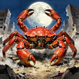 a very big giant mechanical weapons battle armor crab in the middle of war - torn battlefield of a crumbling city, big moon, some smoke, artstation, concept art, smooth, sharp focus, vivid grunge, manga, illustration, traditional japanese colors, superior quality, very detailed, wide angle, by bilibin and kuvshinov, by malevich and mucha
