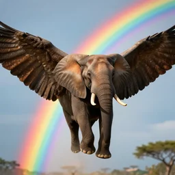 an african elephant flying with massive bird wings through a rainbow, hyper realistic movie still, cinematic lighting, hyper detailed 8 k, volumetric lighting, octane render, award winning