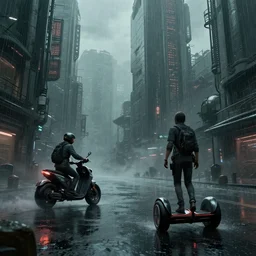 walking through an ominous asian scifi city after rain, hoverbike and figure on the side, digital art, trending on artstation