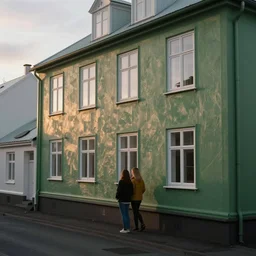 a couple, green building, textured walls, quiet street, reykjavik, sunset lighting, rim light, hyper realistic, 1 0 5 mm, cinematic frame