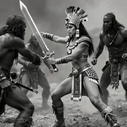 action fight, aztec princess fights barbarians,rich Aztec jaguar armor,ligtt sword, vertical composition, inspired by monster hunter and westerns, muscular body, clean beautiful symmetrical face,  subtle make up, epic,dramatic lighting, cinematic, establishing shot, extremely high detail, photorealistic,  brutal, provocative , cinematic lighting, artstation, octane render, dark fantasy ,old photo, vintage, black and white