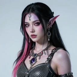 half - orc woman with black hair and pink highlights in hair, wearing elaborate jewellery and chain mail