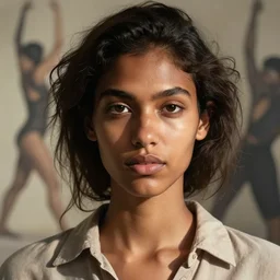 detailed portrait in femininity, realistic face sculpted features, ethnic, exotic, melanin, deep clear eyes, statuesque, warm glowing skin, wild hair, collared shirt, chiaroscuro, tangible, angular impressionism, ambient morning light, arabesque backdrop, contemporary, modern fashion, natural colors
