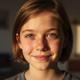 high detail, macro portrait photo, a young norwegian girl with short brown hair and blue eyes, smiles at the camera, set in a dimly lit apartment at golden hour, shot using a zeiss supreme prime lens
